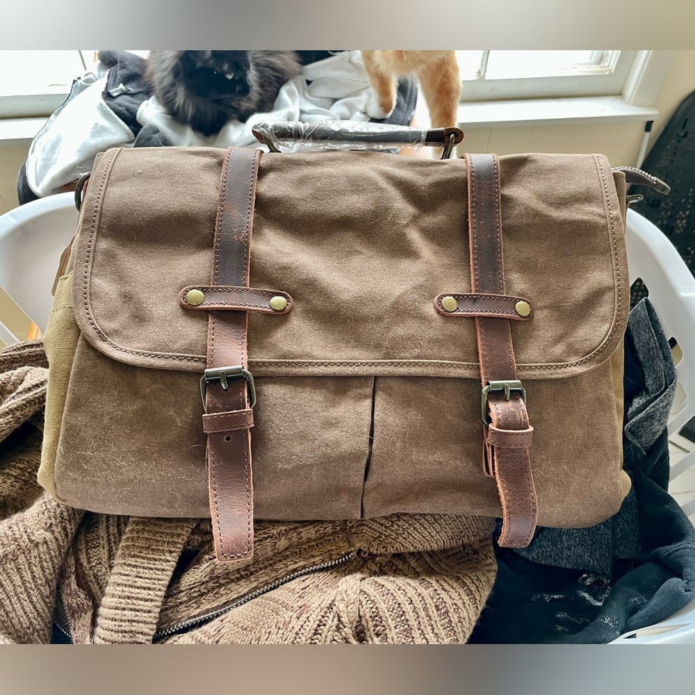 Newhey Brown Canvas Messenger Bag with Leather Straps